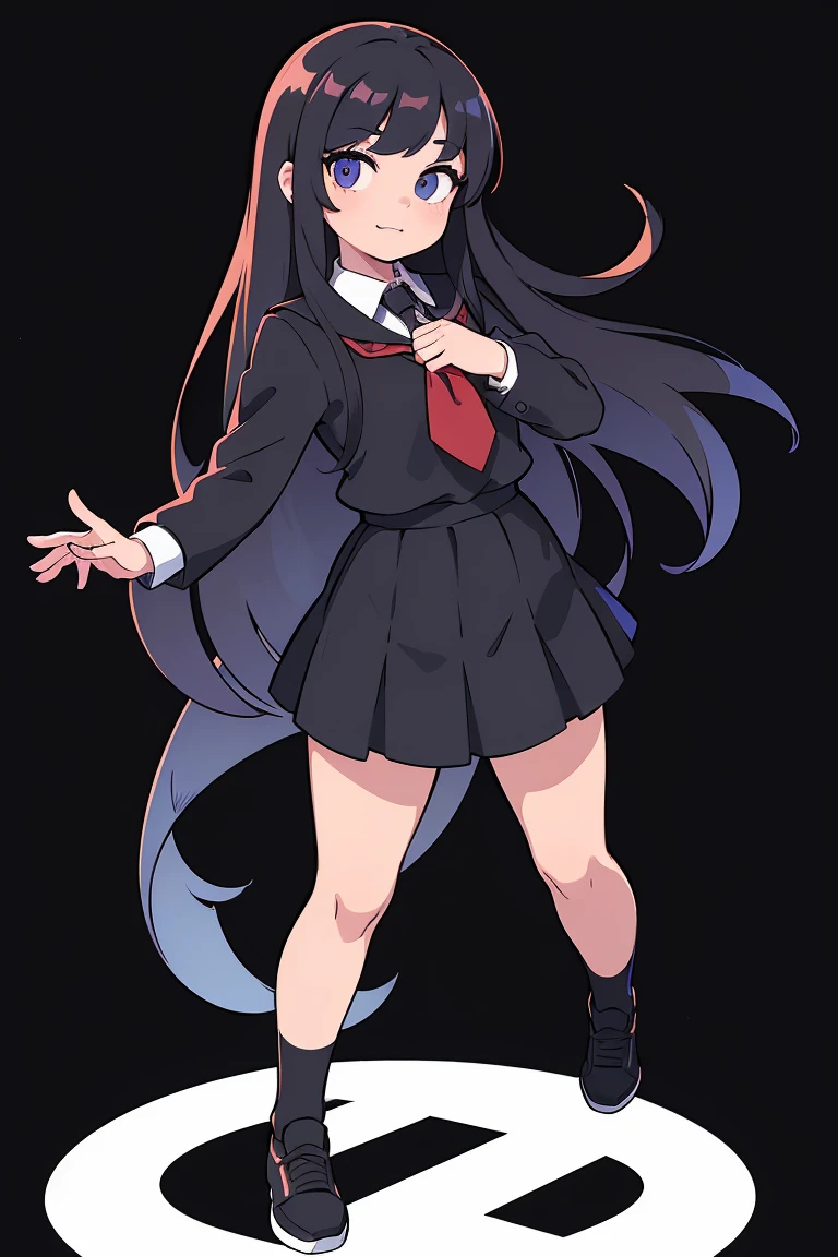 a cut girl with long hair, wearing school uniform, full-body, black background, clean background, full body shot:1.2, Detailed face, detailed eyes, detailed nose, detailed mouth,((UHD,masterpiece,super detail,award winning:1.4,best quality:1.2,highres,high quality))