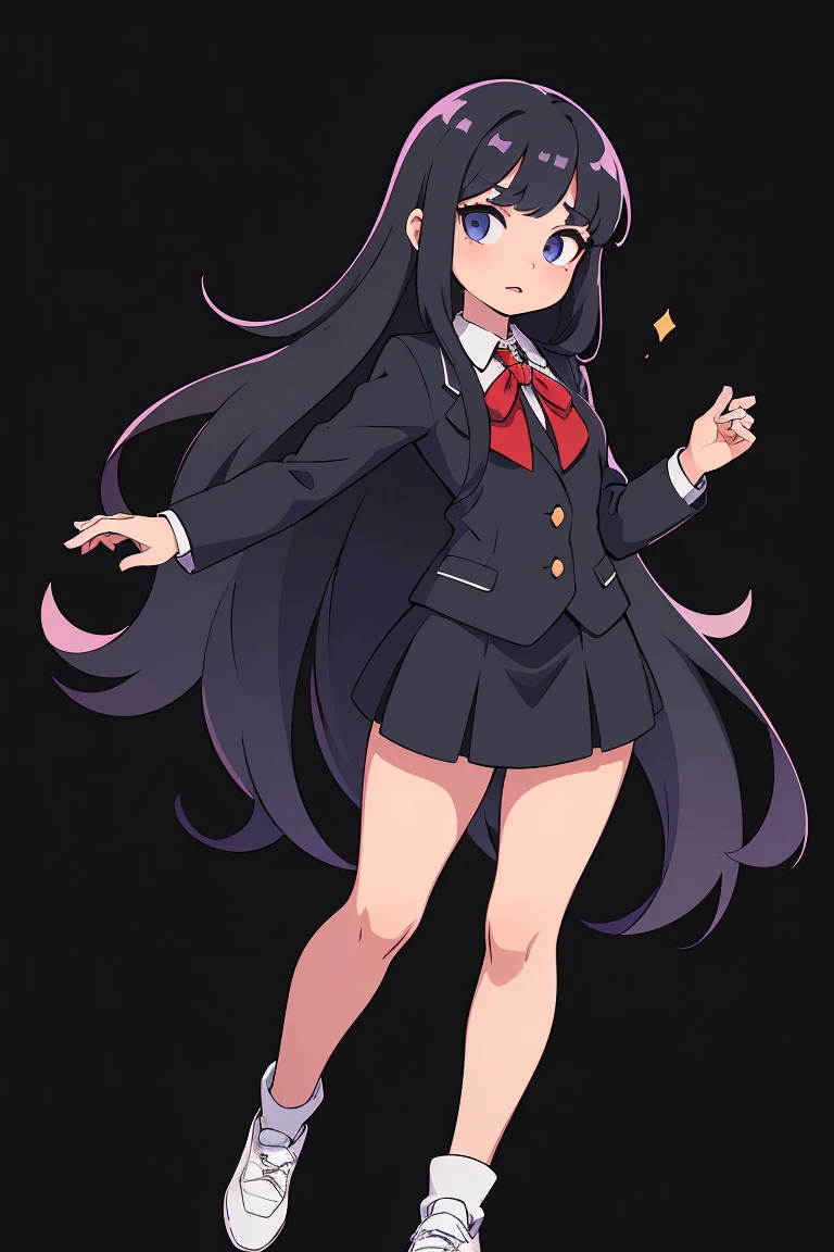 a cut girl with long hair, wearing school uniform, full-body, black background, clean background, full body shot:1.2, Detailed face, detailed eyes, detailed nose, detailed mouth,((UHD,masterpiece,super detail,award winning:1.4,best quality:1.2,highres,high quality))