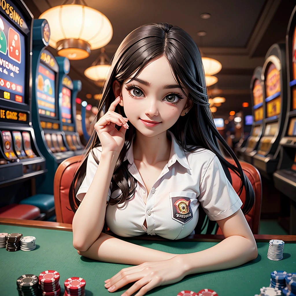 happy and smile, indonesian girl wearing high , gambling with slot machines, casino, teasing you, sitting thinking about you, work as casino customer service