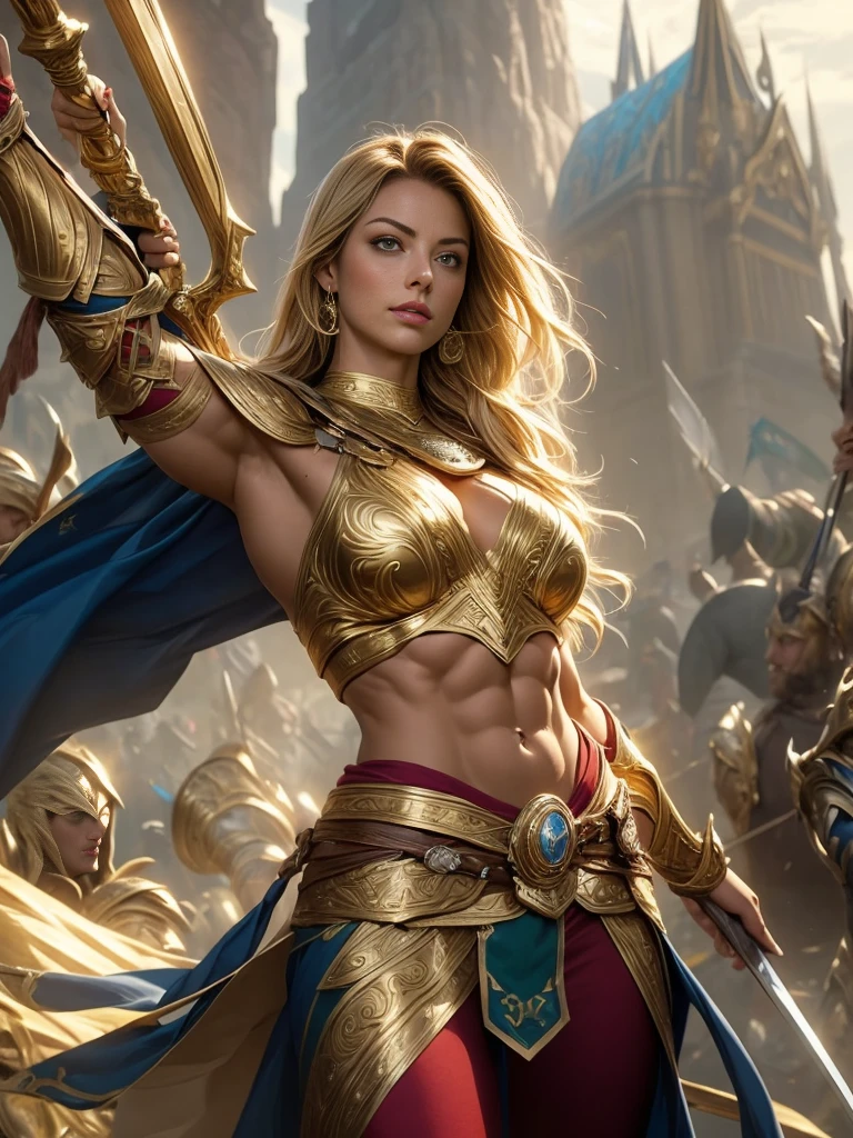 Erica Durance as a Asgard,valkyrie,Upper Body shot,green eyes,long flowing blonde hair, fitness muscular woman, Senhora Cavaleiro,elaborate decorative golden battle armor,Anatomia correta，holding a magical big sword, epic fantasy digital art, masterpiece，8k，high-definition resolution，desenho detalhado，Qualidade Superior，, Epic composition, muscular body