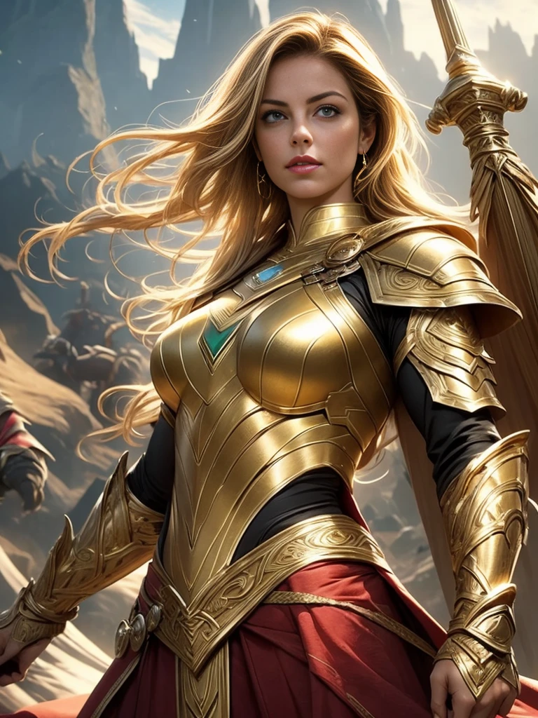 Erica Durance as a Asgard,valkyrie,Upper Body shot,green eyes,long flowing blonde hair, fitness muscular woman, Senhora Cavaleiro,elaborate decorative golden battle armor,Anatomia correta,holding a magical big sword, epic fantasy digital art, masterpiece,8k,high-definition resolution,desenho detalhado,Qualidade Superior,, Epic composition, muscular body