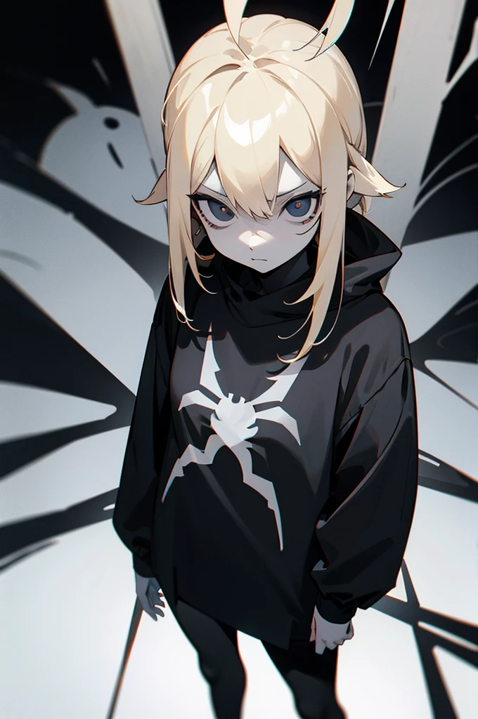 1girl, tan skin, (pale blonde hair), spider girl, all black eyes, demonic, clothing design, tomboy, standing, black and grey clothing, blue accent color, chill expression, blank white background