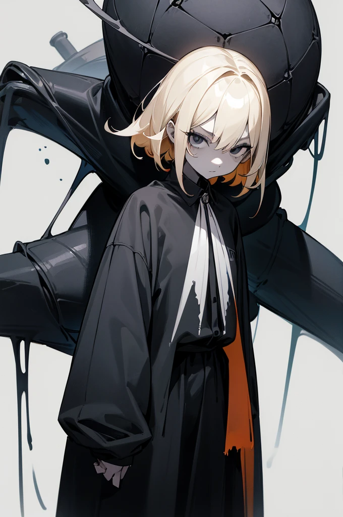 1girl, tan skin, (pale blonde hair), spider girl, all black eyes, demonic, clothing design, tomboy, standing, black and grey clothing, blue accent color, chill expression, blank white background