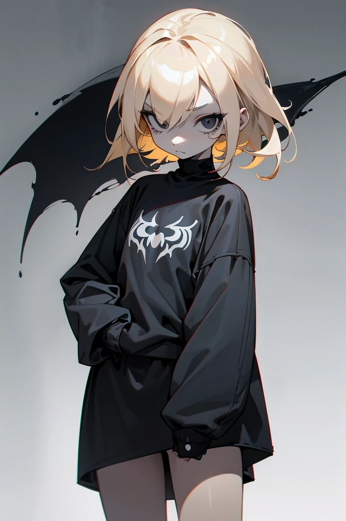 1girl, tan skin, (pale blonde hair), spider girl, all black eyes, demonic, clothing design, tomboy, standing, black and grey clothing, blue accent color, chill expression, blank white background