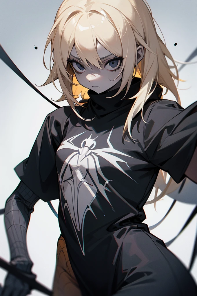 1girl, tan skin, (pale blonde hair), spider girl, all black eyes, demonic, clothing design, tomboy, standing, black and grey clothing, blue accent color, chill expression, blank white background
