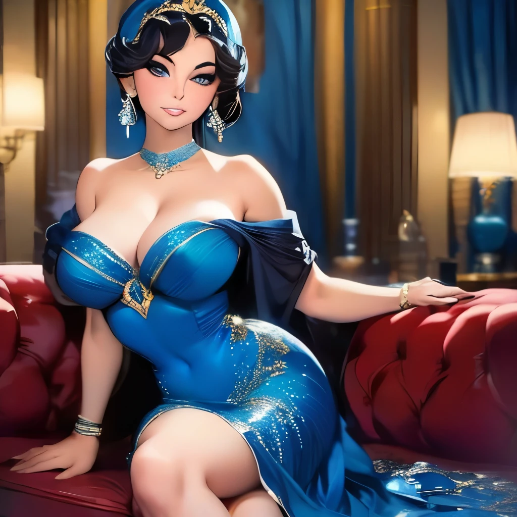 a close up of a woman in a blue dress sitting on a couch, a photo inspired by Eliseu Visconti, flickr, arabesque, 1960s orientalism, bond girl, photo of sophia loren, gorgeous woman, sophia loren, gorgeous lady, scene from supplizia, brigitte bardot, wearing a dress of mer gold
