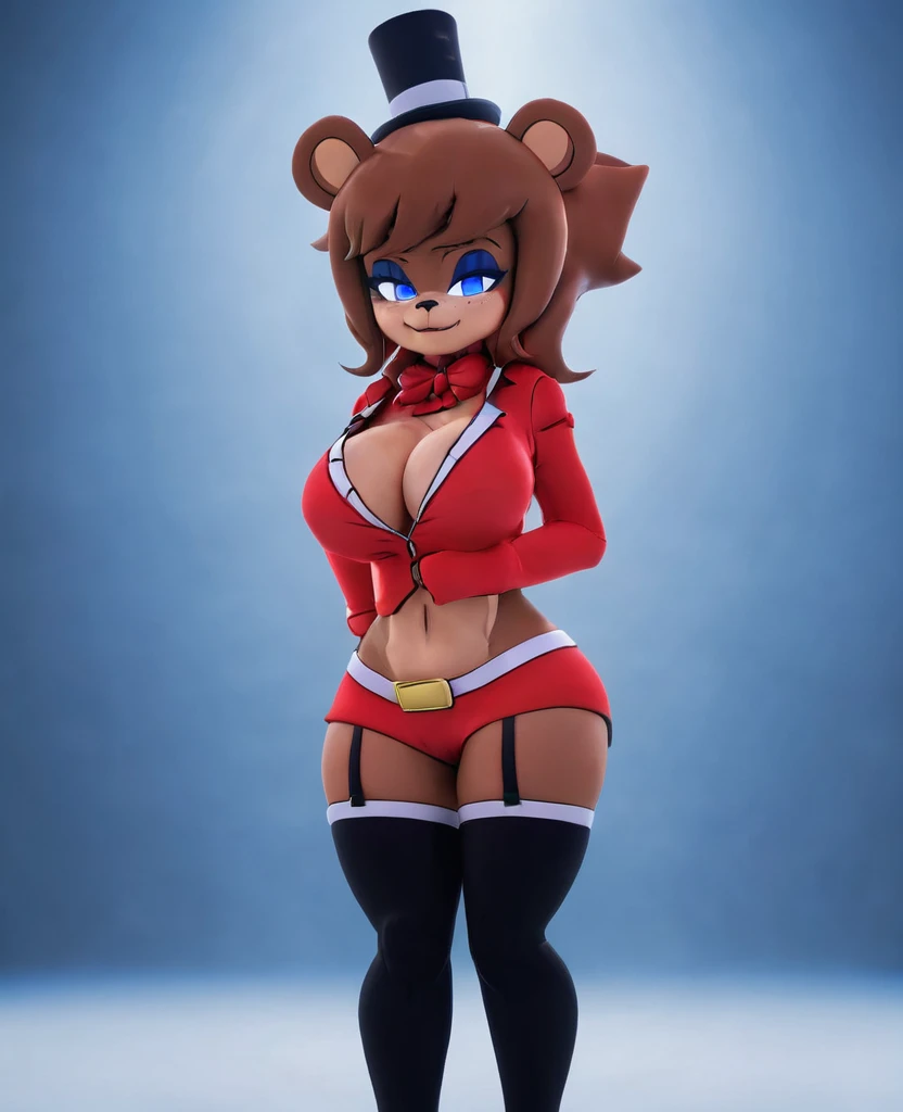 (best quality, masterpiece1.2), 1girl, solo, human, cally3d, (fredina), brown body, top hat, bear ears, stockings, woman, red hoodie, blue eyes, ????, detailed, extreme detail, perfect lighting, 4k, hood down,