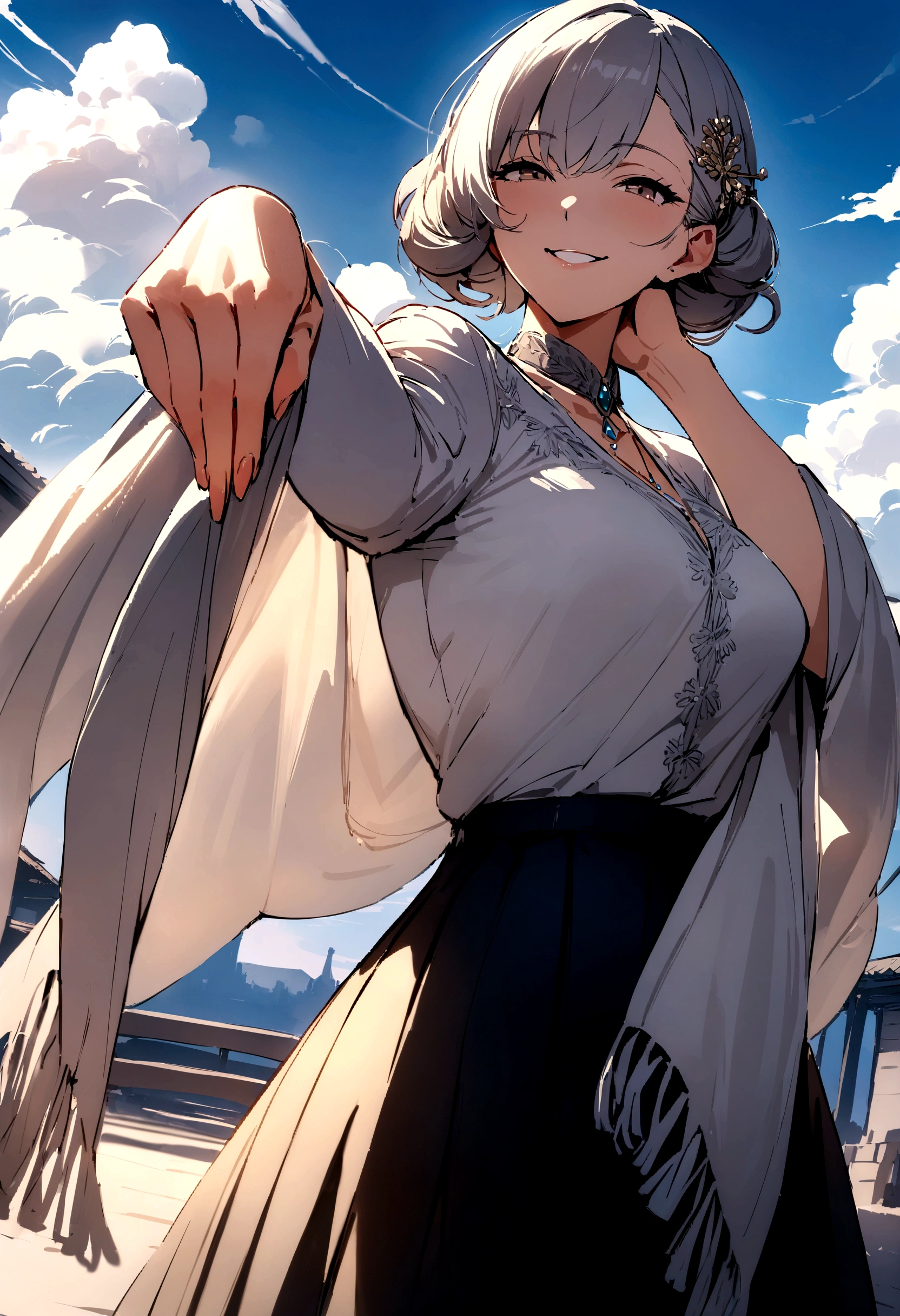masterpiece, best quality, shawl, Hairpin,shirt,skirt, Sky, cloud, outdoor, Smile, Atmospheric perspective,Fashion pose,Mature and elegant elder sister,only one person