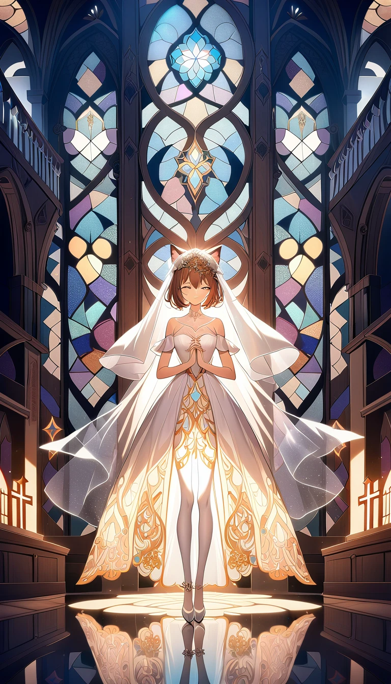 1girl ,20s,brown hair,short hair,white high heels,white pantyhose,cat ears,church, stained glass, in a glowing dress, fantastical, illuminated, serene, majestic, colorful, reflective, ethereal, spiritual, tranquil, vibrant, intricate, patterned, ornate, mystical, elegant, shimmering, radiant, graceful, peaceful, historic, sacred, artistic, dreamy, whimsical, solemn, enchanting, divine,Wedding veil, holding a crucifix with both hands