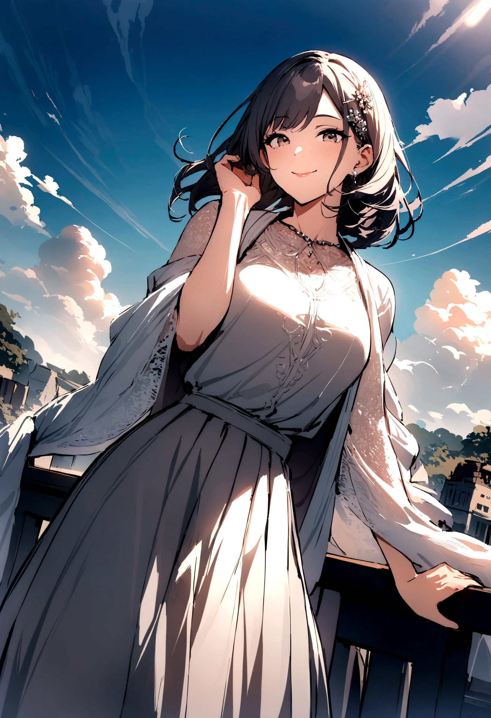 masterpiece, best quality, shawl, Hairpin,shirt,skirt, Sky, cloud, outdoor, Smile, Atmospheric perspective,Fashion pose,Mature and elegant elder sister,only one person