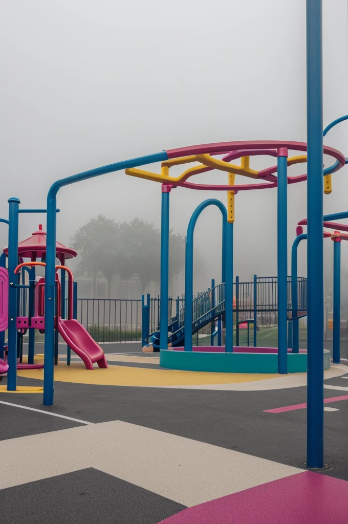 Liminal space of a colorful playground park with fog and gray