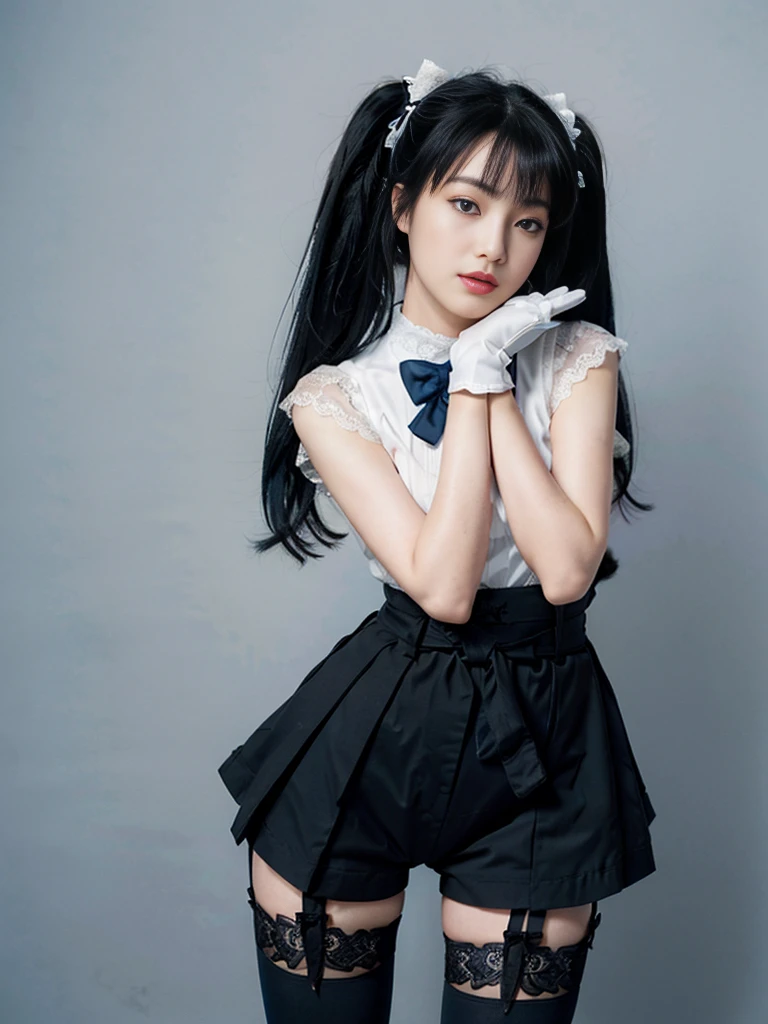 (8K, Raw photo, Best Quality, masutepiece:1.2), high-definition RAW color photography, professional photograpy, (Realistic, photographrealistic:1.37), ((Best Quality)), various attractive posing, full body shot;1.2. ung girl, asymmetrical legwear, (black bow:1.2), black ribbon, (blue hair:1.5), bow, breasts, gloves,(hair bow:1.3), (very long hair:1.2), simple background, standing, striped bow, thighhighs, white background, white gloves, (lace legwear:1.2), Delicate hands, detailed fingers, five fingers, (one hand pinching the waist:1.3), (twintails:1.3), realhands, nsfw