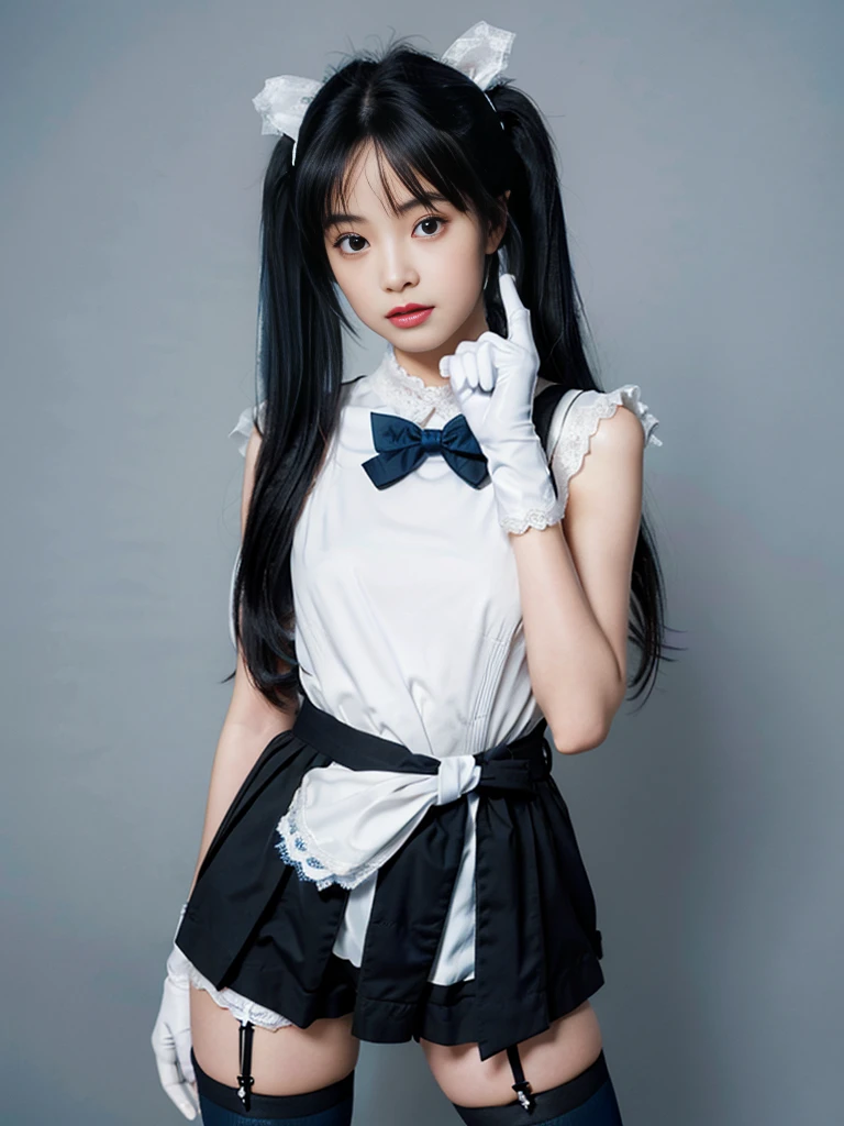 (8K, Raw photo, Best Quality, masutepiece:1.2), high-definition RAW color photography, professional photograpy, (Realistic, photographrealistic:1.37), ((Best Quality)), various attractive posing, full body shot;1.2. ung girl, asymmetrical legwear, (black bow:1.2), black ribbon, (blue hair:1.5), bow, breasts, gloves,(hair bow:1.3), (very long hair:1.2), simple background, standing, striped bow, thighhighs, white background, white gloves, (lace legwear:1.2), Delicate hands, detailed fingers, five fingers, (one hand pinching the waist:1.3), (twintails:1.3), realhands, nsfw