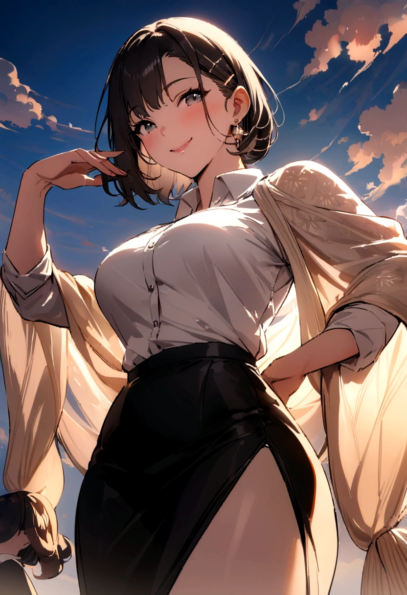 masterpiece, best quality, shawl, Hairpin,shirt,skirt, Sky, cloud, outdoor, Smile, Atmospheric perspective,Fashion pose,Mature and elegant elder sister,only one person