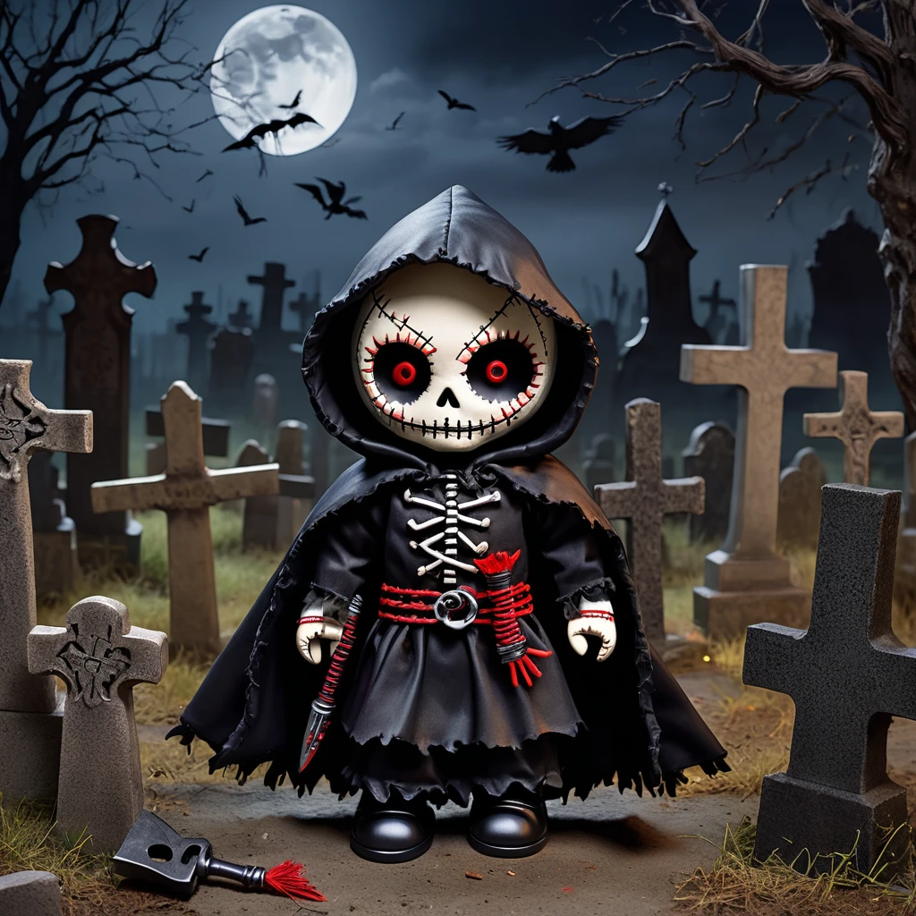 (knitted toy voodoo doll: 1.8), (Voodoo Shadow Guardian of the Cemetery: 1.3), (clothes Black cloak with a hood, rough boots, belt with tools for graves: 1.0), (Shovel with rust stains, keys to crypts: 1.1) (in the background Gloomy cemetery under the moonlight, with faded tombstones and crows on the crosses: 1.3), best quality, masterpiece, detailed soft oil painting, detailed background, dramatic cinematic lighting, soft edge lighting, professional, dramatic lighting, hard edge lighting, ultra quality, 4k, masterpiece, best quality, 8k, ultra high definition, high resolution, extremely detailed