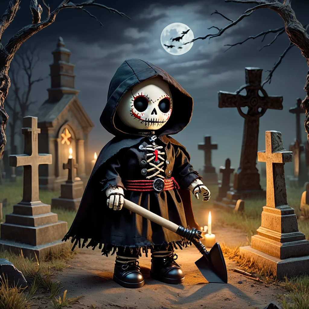 (knitted toy voodoo doll:1.5), (Voodoo Gravedigger:1.3), (Clothing: tattered work clothes with soil stains:1.0), (Accessories: enchanted shovel, glowing lantern, magical tombstone:1.2), (background: haunted cemetery with floating gravestones, glowing mist, and mystical spirits:1.2), best quality, masterpiece, detailed soft oil painting, detailed background, dramatic cinematic lighting, soft edge lighting, professional, dramatic lighting, hard edge lighting, ultra quality, 4k, masterpiece, best quality, 8k, ultra high definition, high resolution, extremely detailed