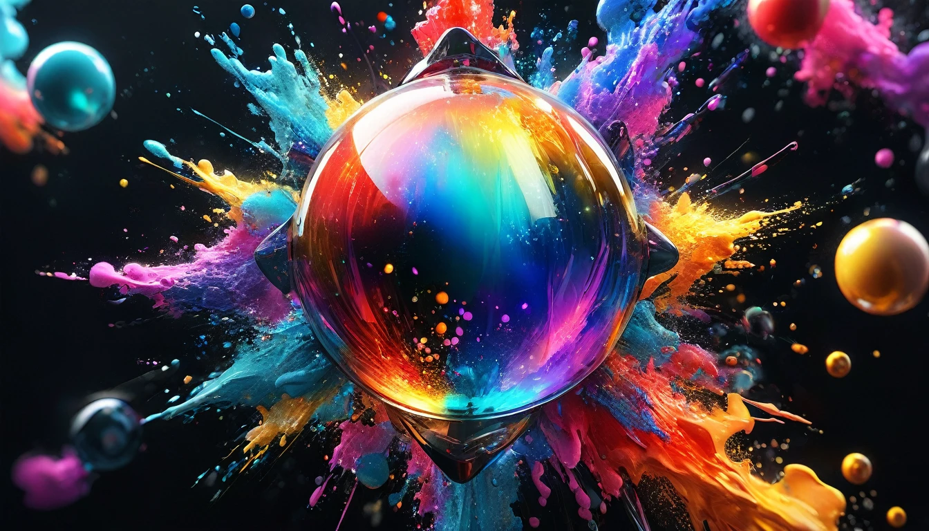 Create a stunning 3D illustration with a decorative glass ornament at the center, surrounded by an explosive burst of fine watercolor powder. Each particle in the burst should glow with a metallic sheen. The dynamic spread of colors against a solid black backdrop should create a striking contrast, highlighting the glass ornament and emphasizing the brilliance of the metallic elements.

