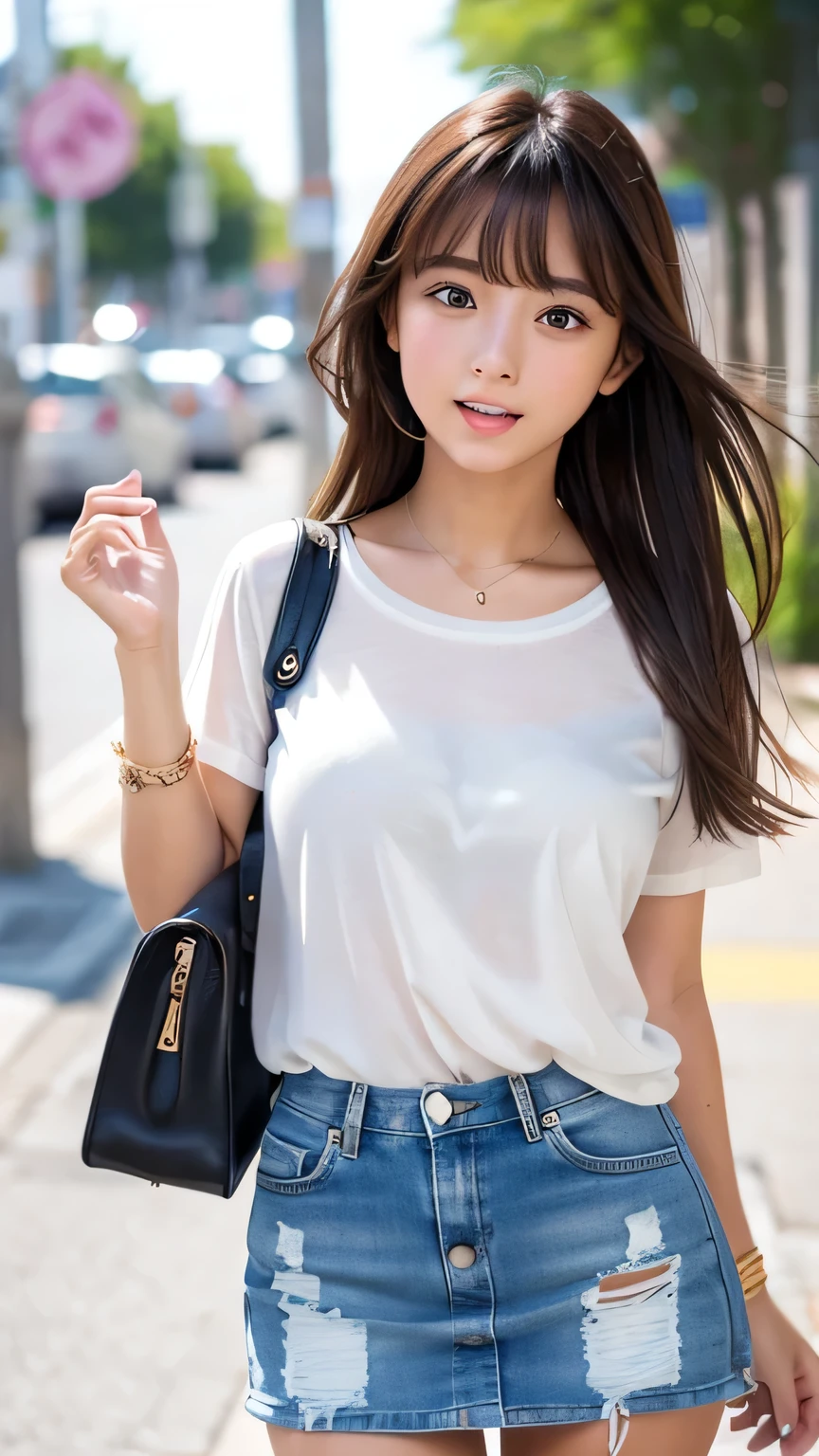 Tanned skin and tanned hair,A cute 17-year-old girl with a cute look, A strong wind blows my hair in front of my face、Beautiful big sparkling eyes, Cute eyes hidden by long bangs、Yawn、No visible nasolabial folds、A short, light-colored miniskirt、A summer shirt with cute colorful patterns、Korean Beauty、Cheeks