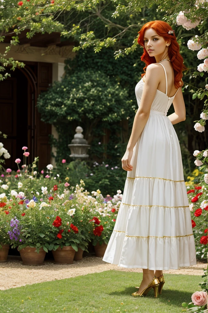 greek muse, Red hair, in a garden with flowers, white dress and gold accessories