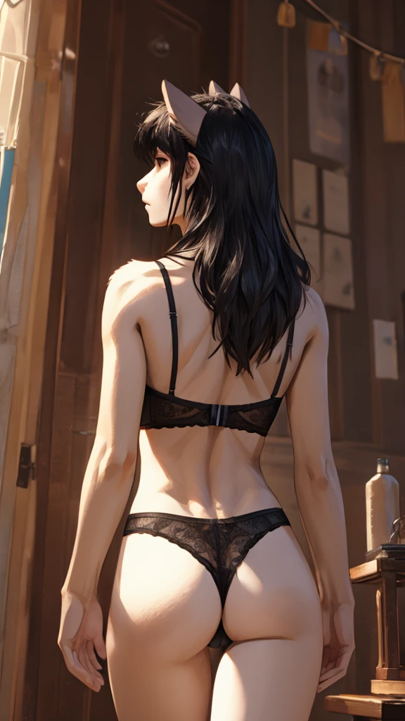 Black hair, slender, rear view, facing away, black thong and bra