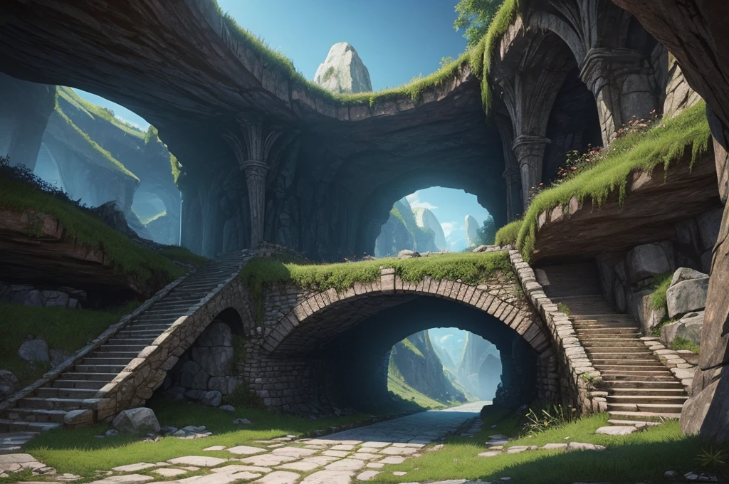  a subterranean bridge carved into the stones (digital art, fantasy art, RPG art)