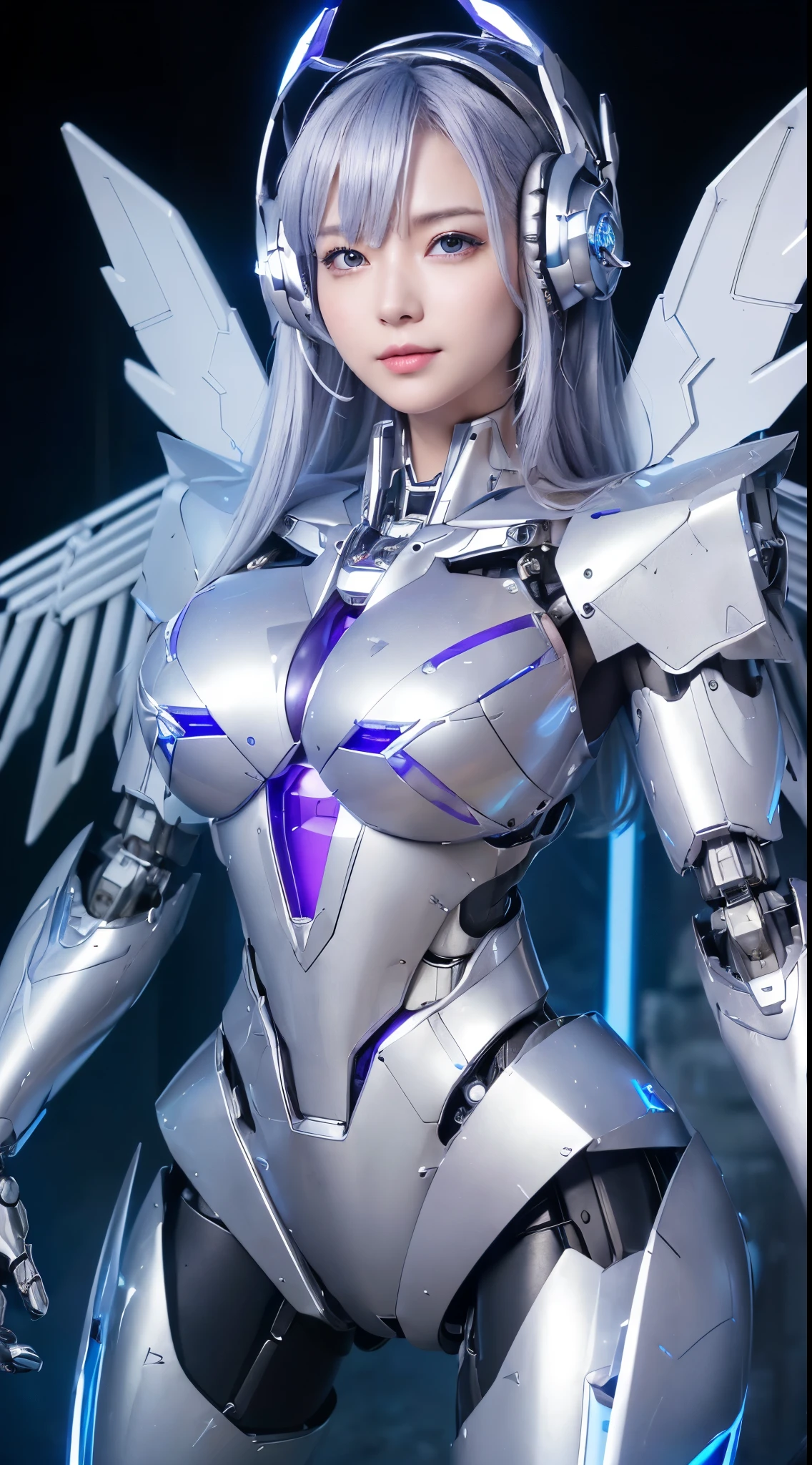 ((Intense action pose:1.6))、((Shining lenses on both breasts:1.3))、((Blue pillars of light are emanating from both chests.:1.3))、smile、((8K)), ((32k)), ((Highest quality)), ((masterpiece)), ((超A high resolution)), ((Tmasterpiece)), ((Halation:1.4))、((Mechaニカルheadgear:1.2))、((Cyber headphones:1.3))、Fine skin, High quality fabric, Fine metal texture、((Beautiful and dense face))、RAW Photos、Professional, Ultra-fine painting, ((alone)), Beautiful breasts、Highest quality, Very detailed, Very detailed詳細, Finer details, so beautiful, ((Princess Knight Robot:1.2)),  (Joints of machines, Mechanical Limbs:1.3), (The internal structure of the machine is exposed:1.3), (Long silver hair:1.1), (Beautiful and huge mechanical breasts)、White Veil, cowboy_shot, Side Focus, headgear, Shiny、(Five Fingers, Four fingers and thumb),Concept Art, Anime fantasy artwork, Detailed fantasy art, (with pale blue-violet hair and large white wings,,,,,,,), (((Long silver hair))), (Mecha:1.6)、Sleek and intimidating design, ((Commander-in-Chief&#39;arm)), (Perfect robot body)、純白と青紫armまたは, Symmetrical wings, 8K high quality, detailed art, 3D rendering of character art in 8K, neat legs, Defined, Defined fingers,