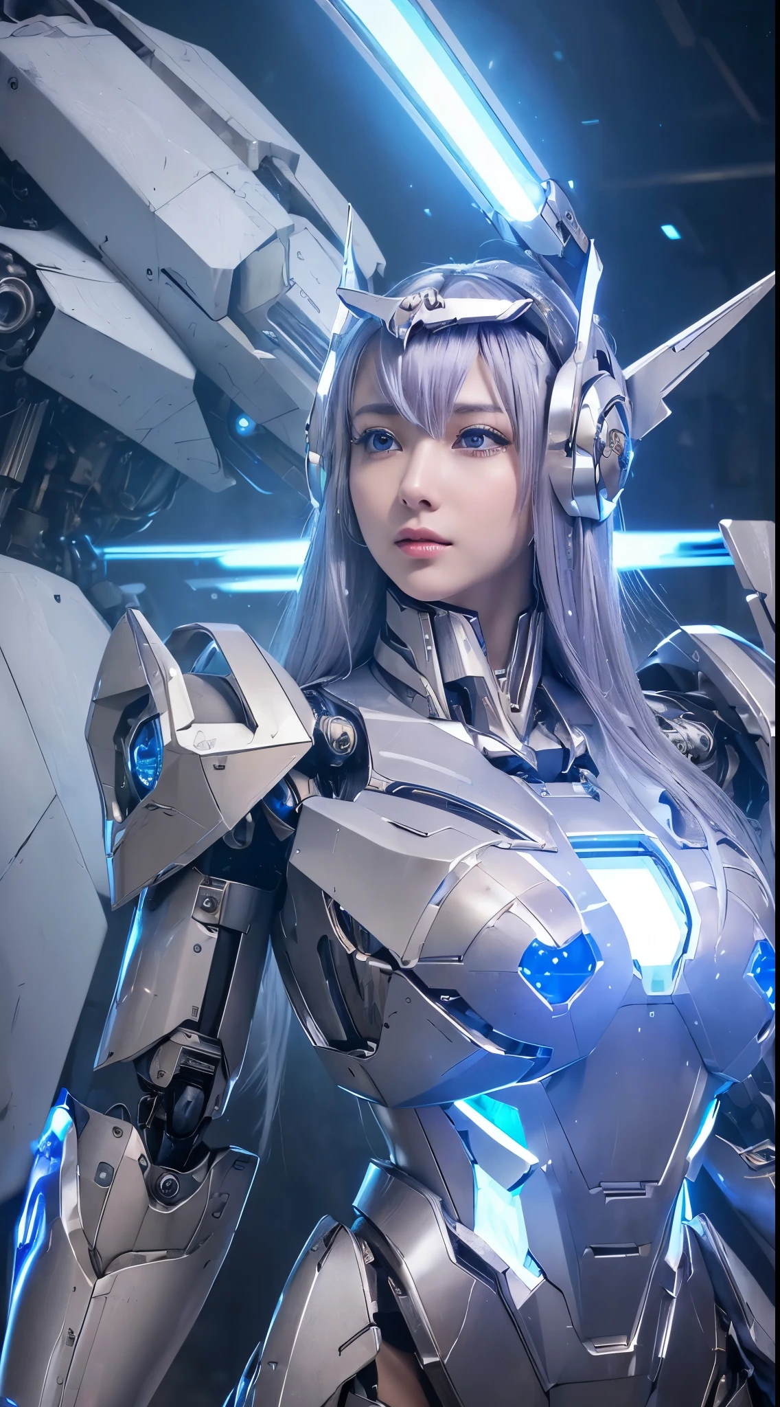 ((Intense action pose:1.6))、((Shining lenses on both breasts:1.3))、((Blue pillars of light are emanating from both chests.:1.3))、smile、((8K)), ((32k)), ((Highest quality)), ((masterpiece)), ((超A high resolution)), ((Tmasterpiece)), ((Halation:1.4))、((Mechaニカルheadgear:1.2))、((Cyber headphones:1.3))、Fine skin, High quality fabric, Fine metal texture、((Beautiful and dense face))、RAW Photos、Professional, Ultra-fine painting, ((alone)), Beautiful breasts、Highest quality, Very detailed, Very detailed詳細, Finer details, so beautiful, ((Princess Knight Robot:1.2)), (Joints of machines, Mechanical Limbs:1.3), (The internal structure of the machine is exposed:1.3), (Long silver hair:1.1), (Beautiful and huge mechanical breasts)、White Veil, cowboy_shot, Side Focus, headgear, Shiny、(Five Fingers, Four fingers and thumb),Concept Art, Anime fantasy artwork, Detailed fantasy art, (with pale blue-violet hair and large white wings,,,,,,,), (((Long silver hair))), (Mecha:1.6)、Sleek and intimidating design, ((Commander-in-Chief'arm)), (Perfect robot body)、純白と青紫armまたは, Symmetrical wings, 8K high quality, detailed art, 3D rendering of character art in 8K, neat legs, Defined, Defined fingers,