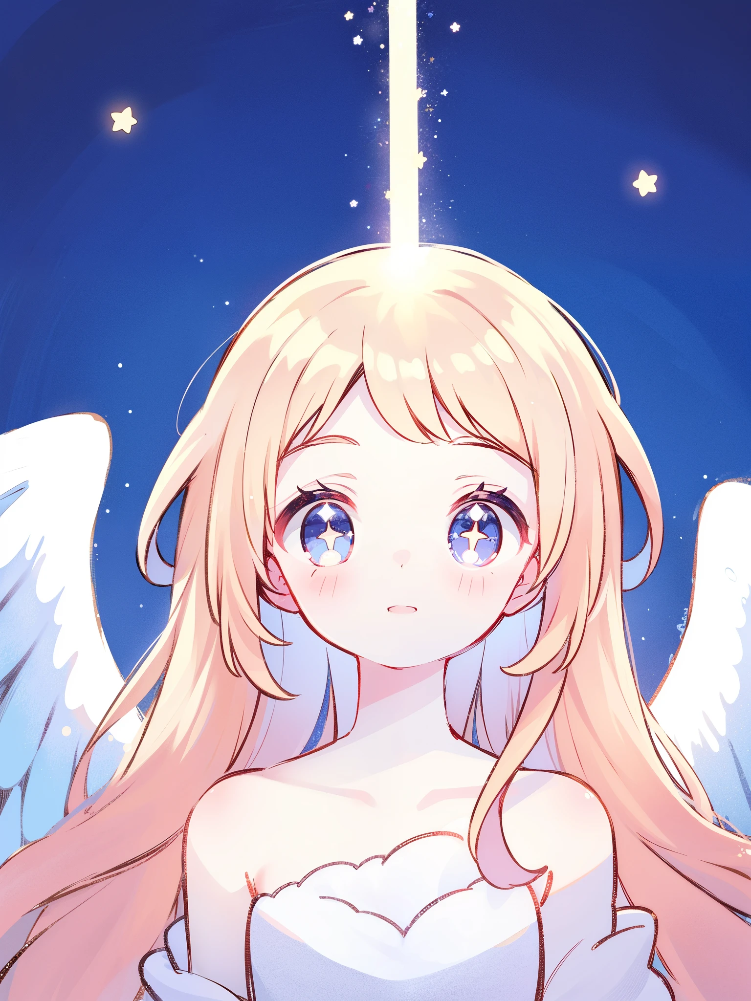 angel girl wearing an ethereal translucent dress, pale skin and light pink hair, white feathers, angel wings, sparkling detailed eyes, golden ratio face, perfect composition, highly detailed, ethereal, (starry night sky background), midjourney style