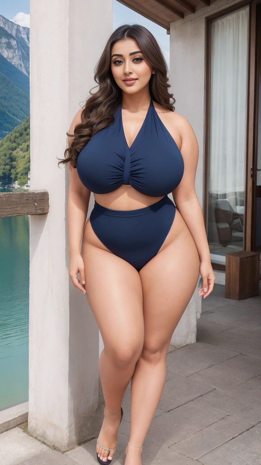monali thakur Indian beautiful actress curvy plus size hour glass bulky huge figure woman, closeup camera view, big huge m-cup breast, wearing SHEIN Swim Vcay Women Summer Beach Vacation Halter Neck Simple And Fashionable Bikini Set Color: Navy Blue , covered Bust , elegant standing position, eye contact view, different style hairstyle, bright eyes, thin eyebrows, fair skin, blushing cheeks, prefect head to toe view, full body, and expansive views, ideal for high-fashion or editorial shoots, ultra realistic skin texture, head to toe view, full body shot, full body view, smile face, black hair, Indian face, perfect skin tone light, ultra realistic skin texture, bigger waist, busty, big hips, fleshy thighs, thick thighs, busty, full body view, Hallstatt, Austria: Picturesque village with alpine houses and serene lake views.