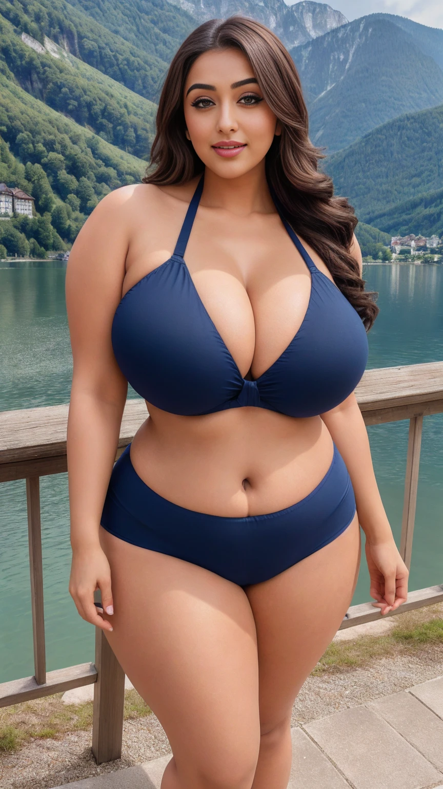 monali thakur Indian beautiful actress curvy plus size hour glass bulky huge figure woman, closeup camera view, big huge m-cup breast, wearing SHEIN Swim Vcay Women Summer Beach Vacation Halter Neck Simple And Fashionable Bikini Set Color: Navy Blue , covered Bust , elegant standing position, eye contact view, different style hairstyle, bright eyes, thin eyebrows, fair skin, blushing cheeks, prefect head to toe view, full body, and expansive views, ideal for high-fashion or editorial shoots, ultra realistic skin texture, head to toe view, full body shot, full body view, smile face, black hair, Indian face, perfect skin tone light, ultra realistic skin texture, bigger waist, busty, big hips, fleshy thighs, thick thighs, busty, full body view, Hallstatt, Austria: Picturesque village with alpine houses and serene lake views.
