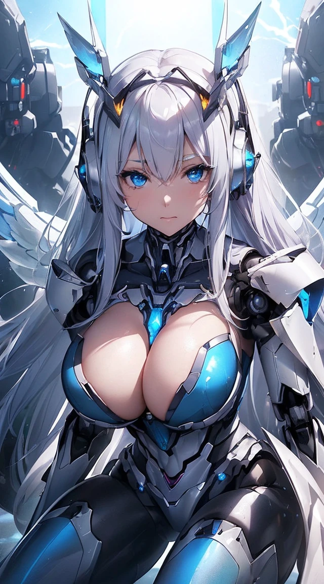 (Sit with one knee on the machine:1.6)、(Full body description:1.3)、((Shining lenses on both breasts:1.3))、((Blue pillars of light are emanating from both chests.:1.3))、smile、((8K)), ((32k)), ((Highest quality)), ((masterpiece)), ((超A high resolution)), ((Tmasterpiece)), ((Halation:1.4))、((Mechaニカルheadgear:1.2))、((Cyber headphones:1.3))、Fine skin, High quality fabric, Fine metal texture、((Beautiful and dense face))、RAW Photos、Professional, Ultra-fine painting, ((alone)), Beautiful breasts、Highest quality, Very detailed, Very detailed詳細, Finer details, so beautiful, ((Princess Knight Robot:1.2)),  (Joints of machines, Mechanical Limbs:1.3), (The internal structure of the machine is exposed:1.3), (Long silver hair:1.1), (Beautiful and huge mechanical breasts)、White Veil, cowboy_shot, Side Focus, headgear, Shiny、(Five Fingers, Four fingers and thumb),Concept Art, Anime fantasy artwork, Detailed fantasy art, (with pale blue-violet hair and large white wings,,,,,,,), (((Long silver hair))), (Mecha:1.6)、Sleek and intimidating design, ((Commander-in-Chief&#39;arm)), (Perfect robot body)、純白と青紫armまたは, Symmetrical wings, 8K high quality, detailed art, 3D rendering of character art in 8K, neat legs, Defined, Defined fingers,