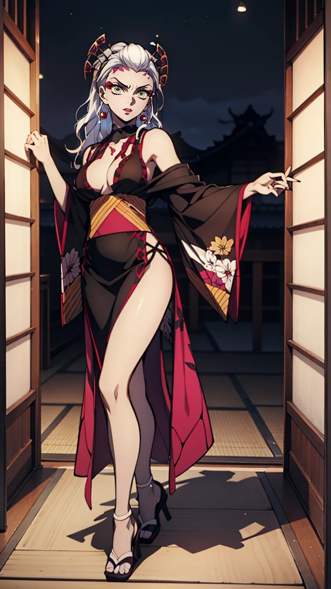 One Demon Girl, looks at the camera, Portrait of a girl, Beautiful waist, night, ancient japan, very sexy, grin, fangs обножены, mouth open, fangs, smile, White hair, erotica, very sexy, beautiful body is completely visible, masterpiece, Best quality, full length (Full body 1.1.), Beautiful waist, good feet, high quality, long hair, White hair. Highly detailed face, depth of field, HDR, very detailed, ray tracing, whole body, dark fantasy, Demon's tattoo, very beautiful, Beautiful ., 1 girl, solo, I look at the viewer, black hair, hair ornament, jewelry, closed mouth, green eyes, yellow eyes, japanese clothes, kimono, draw up, pomade, slit pupils, Brilliant eyes, wicked, Red lips, hair stick