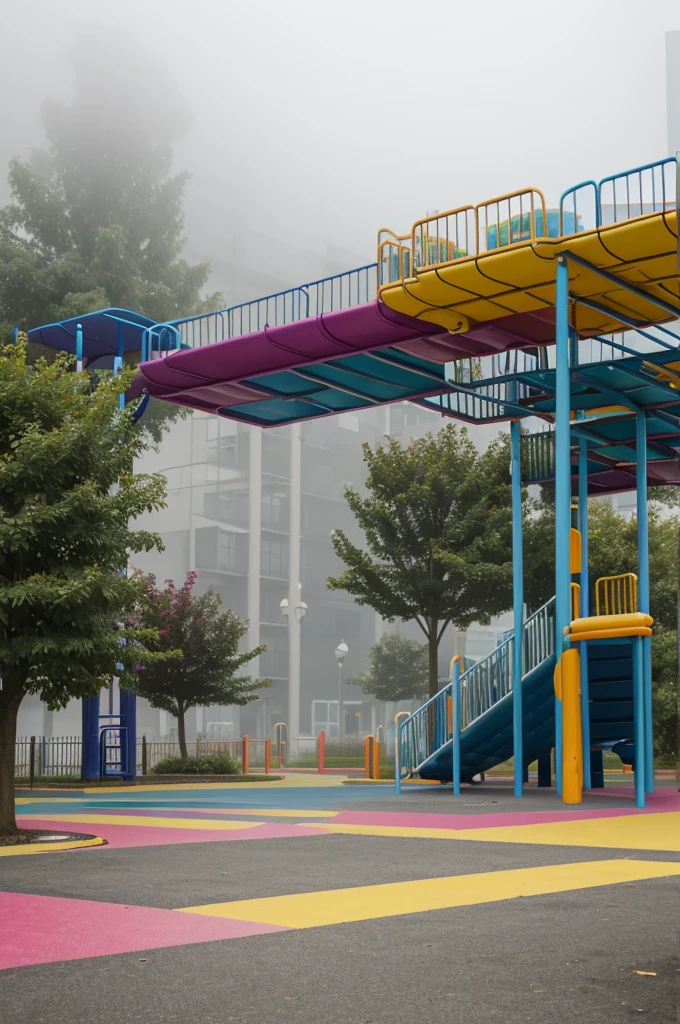 Liminal space of a colorful playground park with fog and gray from afar and looking distorted