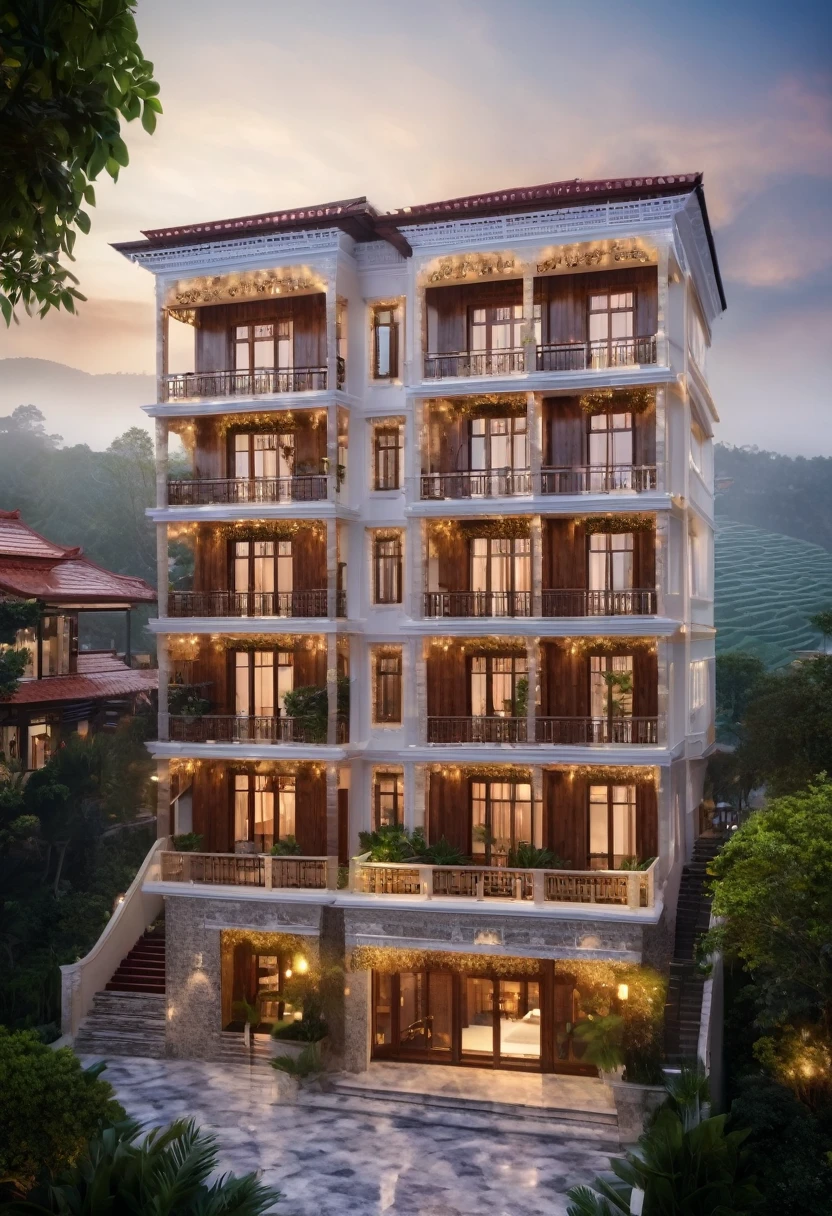 exterior of 5-storey hotel, ((12m frontage)), townhouse, tiled roof, Mediterranean style, foggy town background of Da Lat, impressive, impression, sharp and detailed, ((8k)), soothing and cozy landscape, peaceful wooden mansion, ((UHD)), 8k, high quality detail, super realistic attracted lighting
