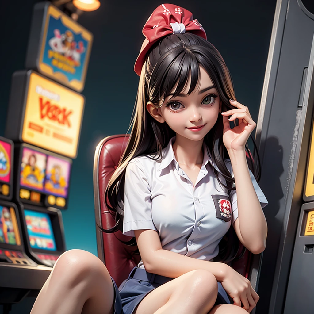 happy and smile, {{indonesian girl}}, {wearing high school uniform}, teasing and waiting customer play, standing, playing in casino, red casino background, polite and kind, Sweet Face, roulette table, poker table, big slot machines right and left, win jackpot, {{dont wear hat}}, in space, 