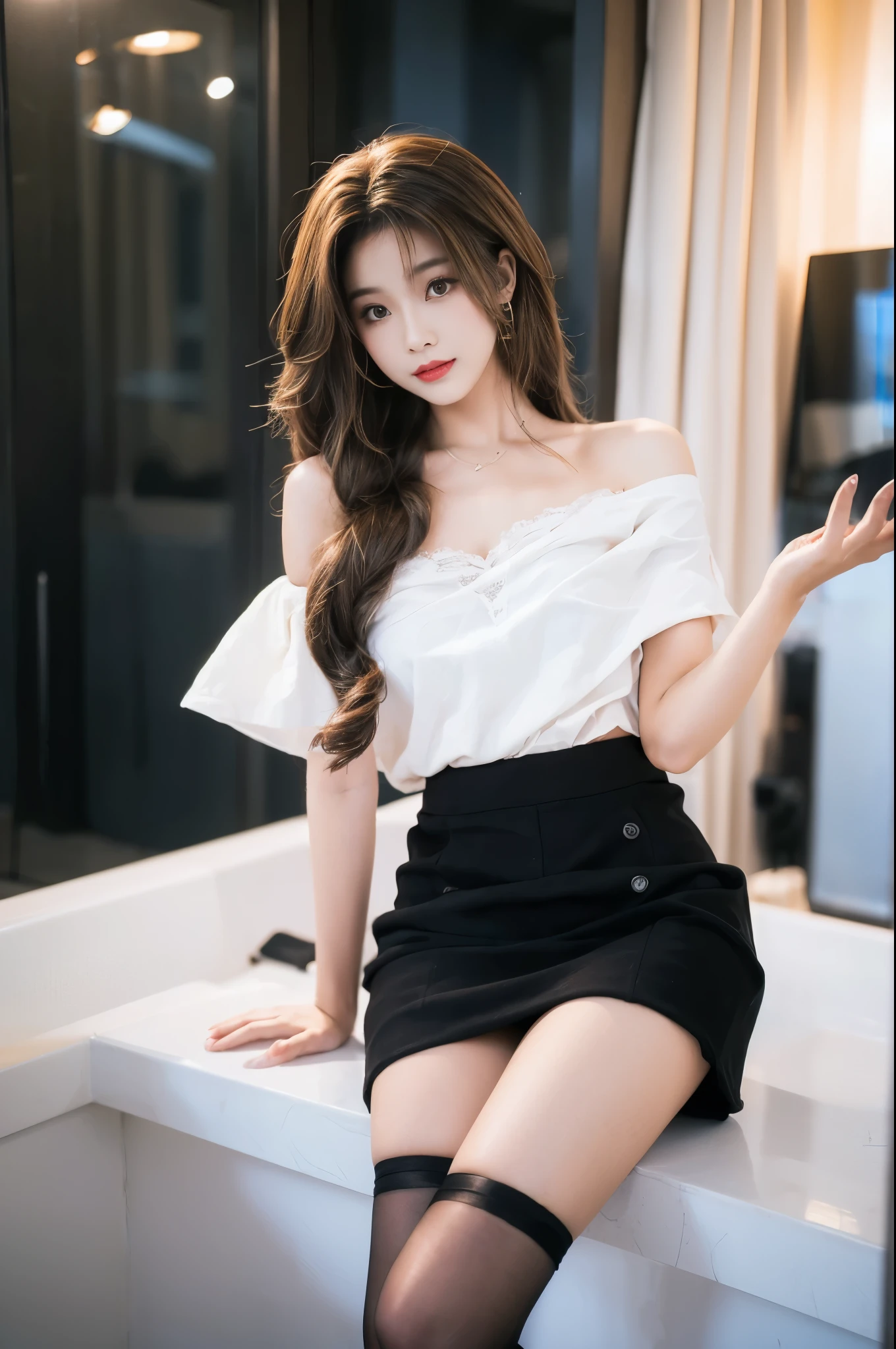 (( shoulder)), Double eyelids，Skin Whitening，Long hair，Whitening long legs，Standing by the sea, Fashion Girl, Red lips, Sweet Girl, Beautiful makeup, detail, lifelike, Very detailed, Astonishing, beautiful, Young and energetic, high quality，HD, Colorful， Beautifully, Smooth skin, The skirt is very short, Official Art, Extremely detailed, Movie atmosphere, Soft colors, Natural skin texture, Random scene, random shooting Angle, Black over-the-knee socks, lace hem