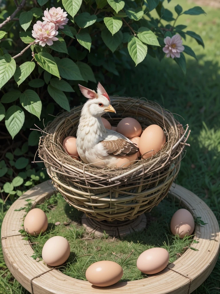 Hen sitting on her eggs in a nest, animated cartoon, drawing for children, Cartoon