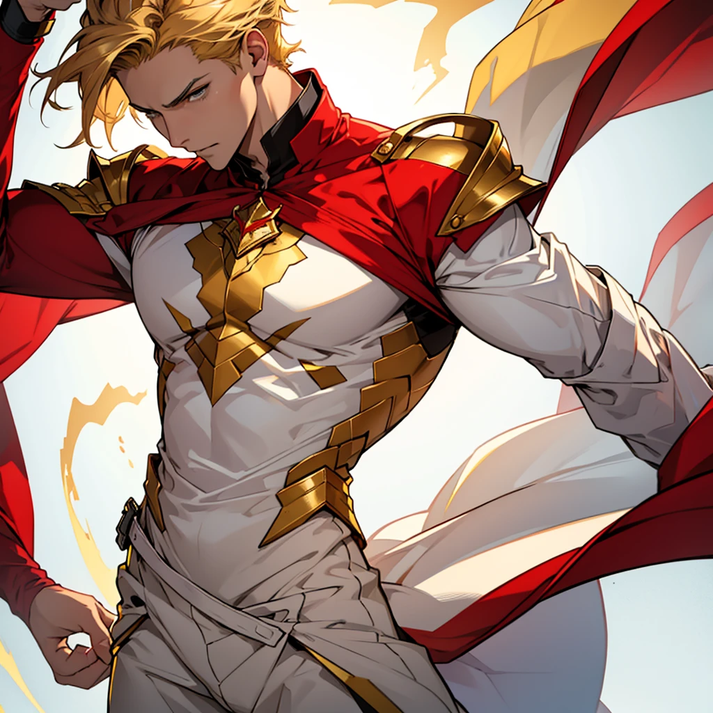 The short golden haired hero with the power to have any power he wants, adolescent, white clothes, red and gold. slim and beautiful