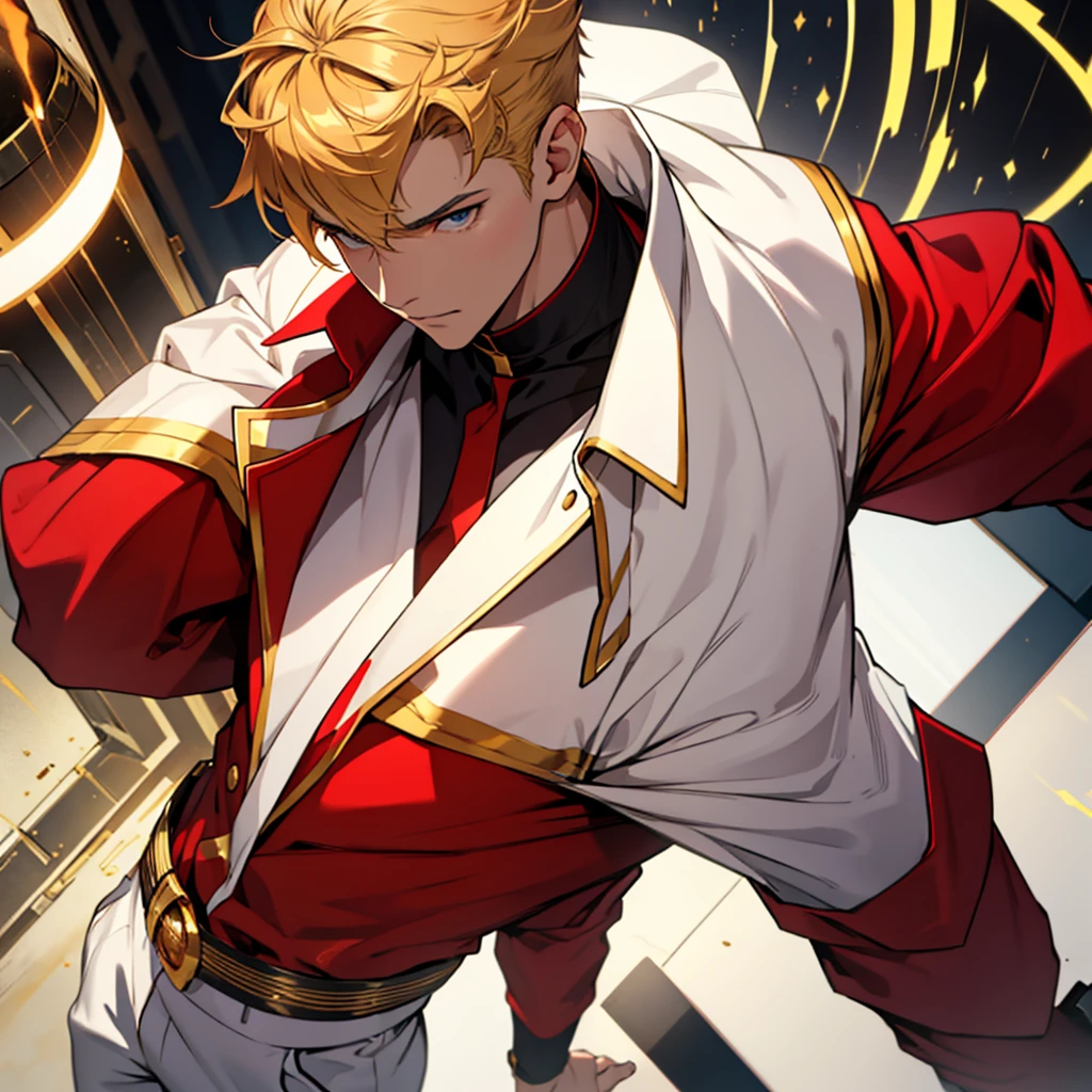 The short golden haired hero with the power to have any power he wants, adolescent, white clothes, red and gold. slim and beautiful