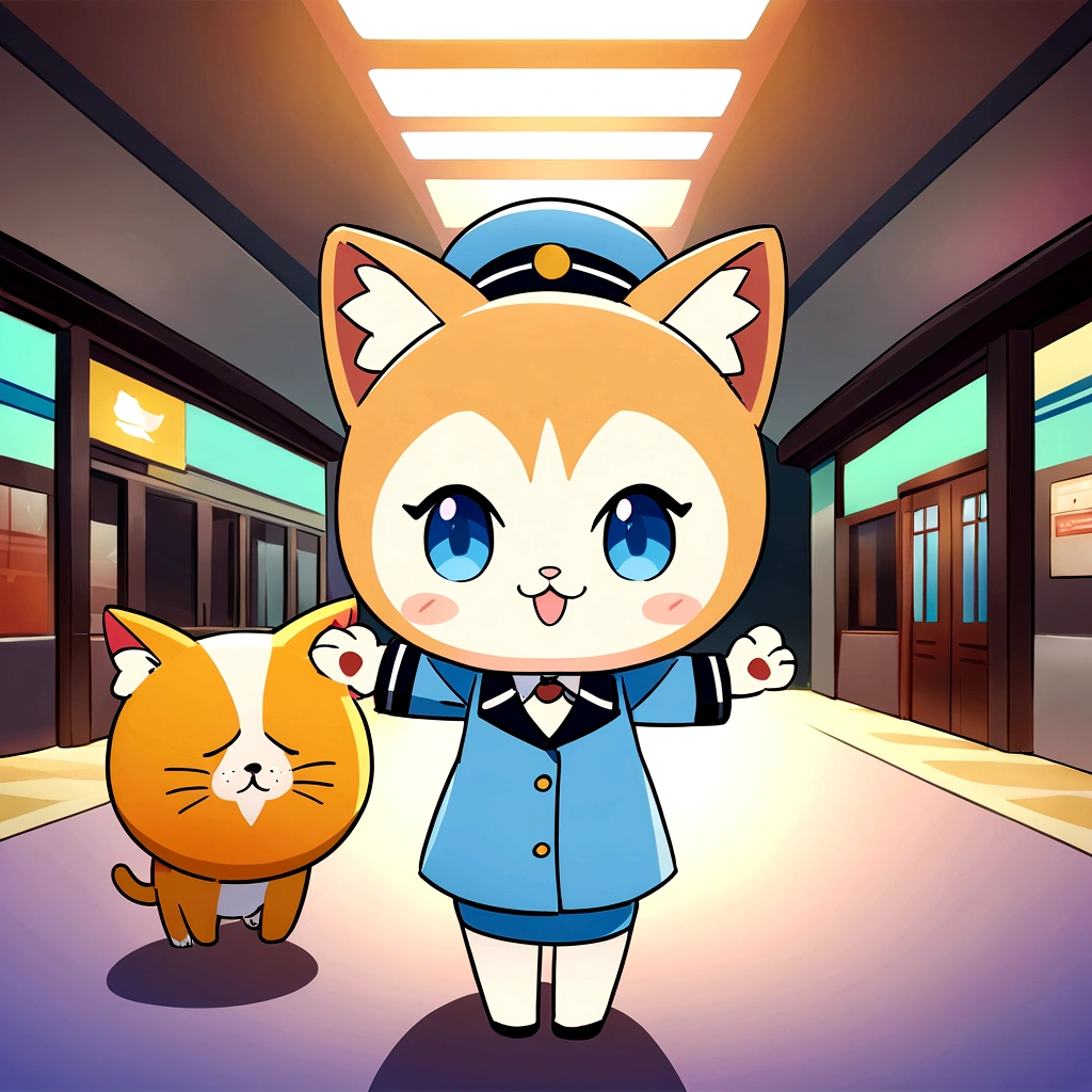 high resolution、最high resolution、最high quality、high quality、Detailed Texture、cute cat、American Shorthair、Mascot character、Anime Style、icon、one cat、A cat dressed as a station attendant