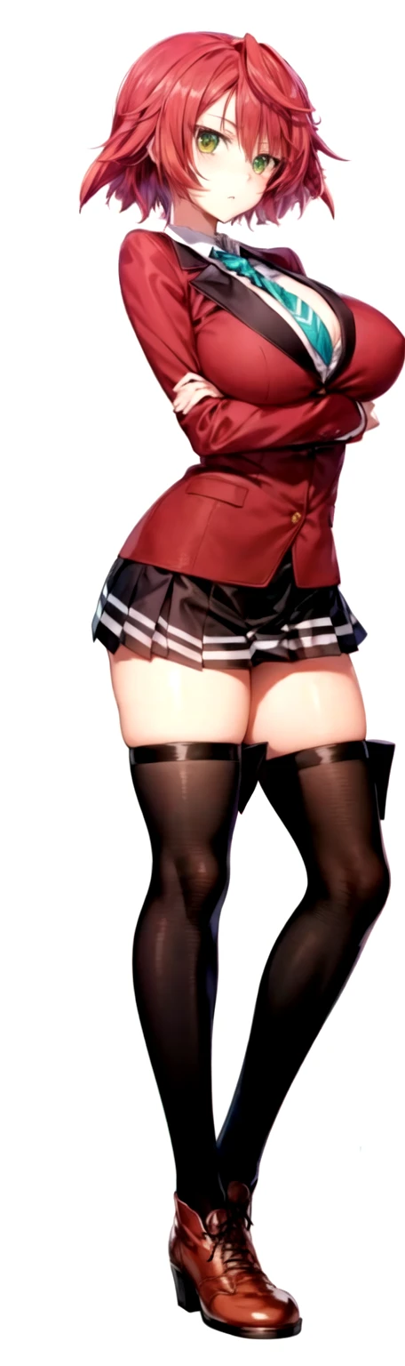 masterpiece, Highest quality, High resolution, , short red hair, Red Bow, Striped blue scarf, blazer, Red ugly jacket, Long sleeve, Big Breasts,Disdainful Eyes,Black Skirt, Black tights, Brown boots,Arms crossed, indoor, classroom
