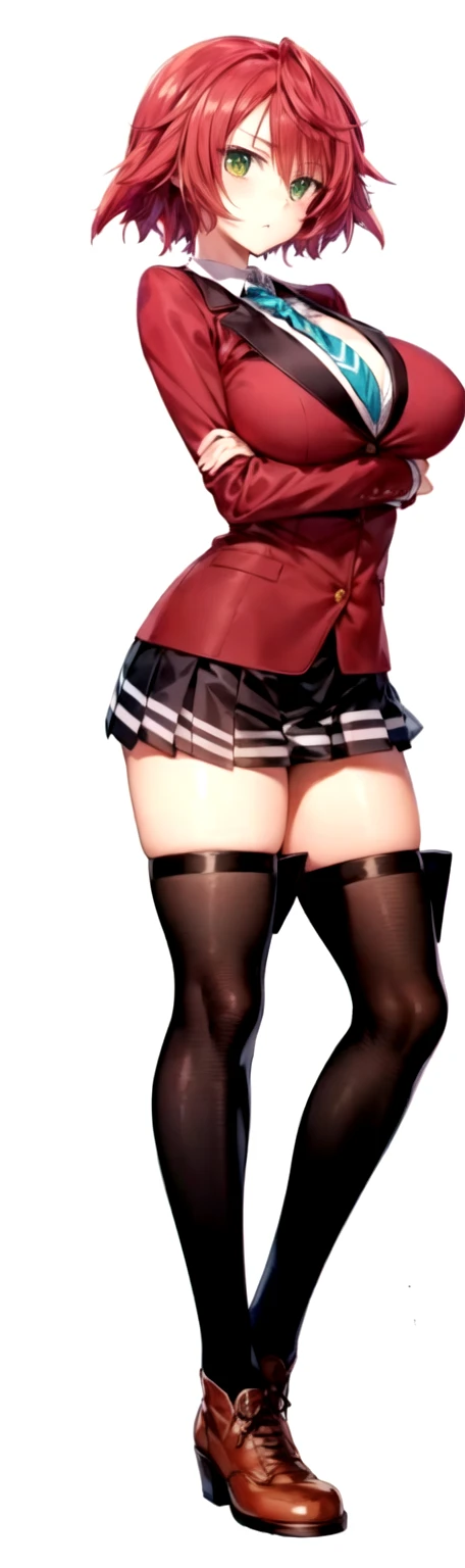 masterpiece, Highest quality, High resolution, , short red hair, Red Bow, Striped blue scarf, blazer, Red ugly jacket, Long sleeve, Big Breasts,Disdainful Eyes,Black Skirt, Black tights, Brown boots,Arms crossed, indoor, classroom
