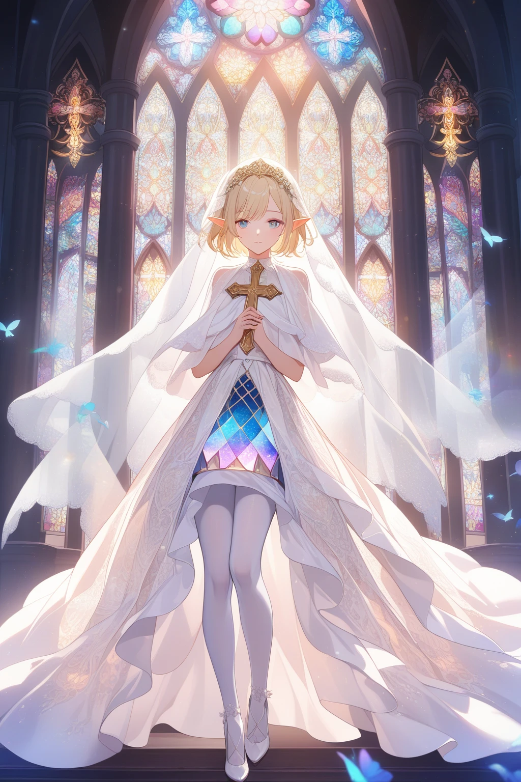 1girl ,20s,light blonde hair,short hair,white high heels,white pantyhose,pointy ears,church, stained glass, in a glowing dress, fantastical, illuminated, serene, majestic, colorful, reflective, ethereal, spiritual, tranquil, vibrant, intricate, patterned, ornate, mystical, elegant, shimmering, radiant, graceful, peaceful, historic, sacred, artistic, dreamy, whimsical, solemn, enchanting, divine,Wedding veil, holding a crucifix with both hands
