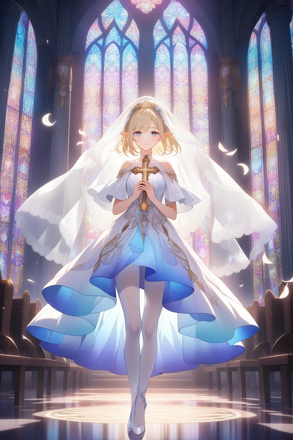 1girl ,20s,light blonde hair,short hair,white high heels,white pantyhose,pointy ears,church, stained glass, in a glowing dress, fantastical, illuminated, serene, majestic, colorful, reflective, ethereal, spiritual, tranquil, vibrant, intricate, patterned, ornate, mystical, elegant, shimmering, radiant, graceful, peaceful, historic, sacred, artistic, dreamy, whimsical, solemn, enchanting, divine,Wedding veil, holding a crucifix with both hands