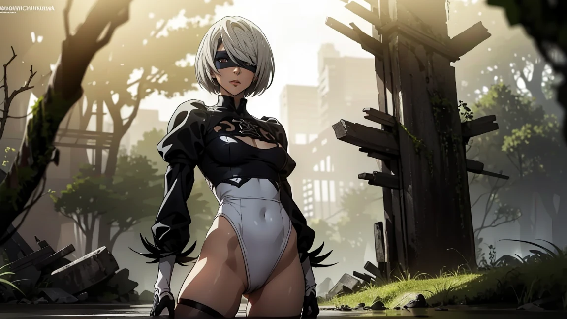 Portrait of a girl, лицо близко to the camera, face close up, standing in the sun, (very detailed eyes, pupils, Lips 1.1), blindfold, gloomy composition, gloomy background, the forest, ruins covered with moss, Tall trees, nature, the lights of a sun,  very detailed. stands in a fighting pose, fighting stance, in battle, gloomy composition, gloomy room, Gloomy atmosphere, very detailed eyes, grey-blue eyes, beautiful figure, ruin, ruined city, very detailed eyes, beautiful figure, Lucy from the anime series 1 girl, facing the viewer, beautiful figure (Correct  1.1.), full length (Full body 1.1), slim, a slim body, a slim body, slender legs, anime style, White hair, White hair, that disappear at the ends, bob haircut, Cutouts on the shoulders, Cutouts on the chest, Neckline at the waist, Black Stockings, Black short skirt, white , very detailed face, very beautiful face, very sexy, full length (Full body 1.1), маленькая elastic грудь, small ass, Красивая a slim body, Small buttocks, world, Femininity，chedevr，Best quality，very detailed，Visible to your feet， permission 8k， high sharpness， permission 8k， very detailed， 8k contract， professional lighting， photon mapping，physical rendering， perfect face， Detailed face and body， ray tracing， expressive look， Cinmatic worlding，elastic , Increased sexuality，