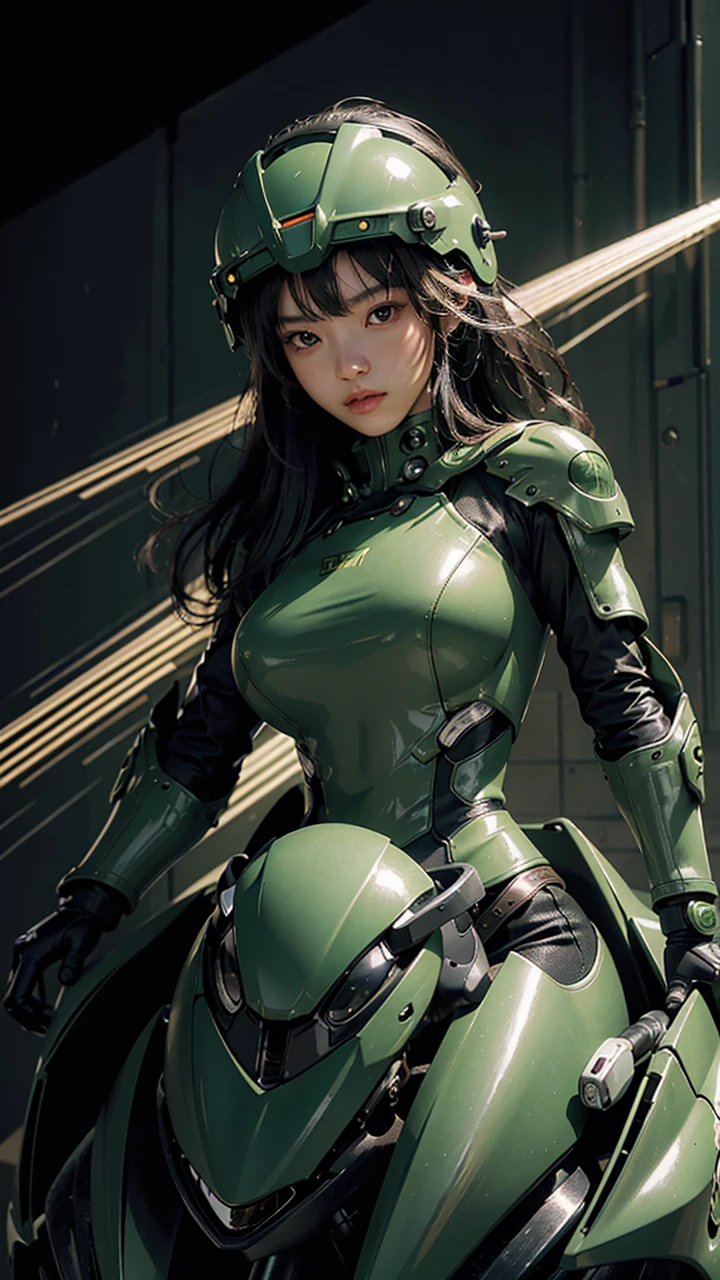 Highest image quality, outstanding details, ultra-high resolution, (realism: 1.4), the best illustration, favor details, highly condensed 1girl, with a delicate and beautiful face, dressed in a black and green mecha, wearing a mecha helmet, holding a directional controller, riding on a motorcycle, the background is a high-tech lighting scene of the future city.