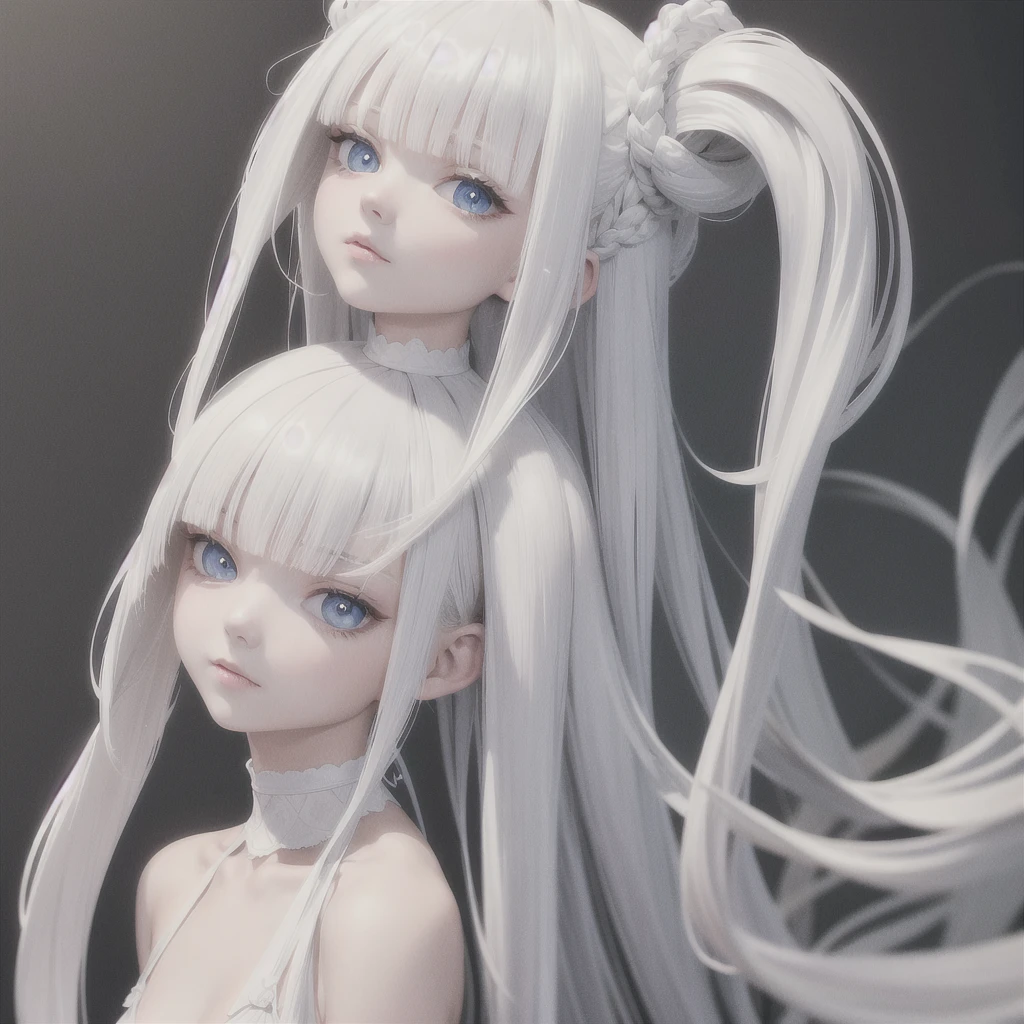 best quality, masterpiece,white hair, blue eyes,white clothes, looking up, upper body,hair strand,Fair skin,side braids, bikini