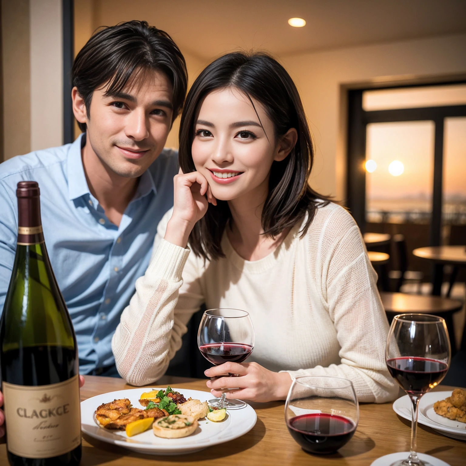 ((Highest quality、8K、masterpiece:1.3))、 (Ultra-realistic、 Genuine、Bright image、Intricate details:1.2), 最高のsmile、1 male 1 female、Beautiful couple、love love love、Lovers in Paris、Good friends、actress couple、smile、Full-course dinner at a packed table、 (Slim face), (the body is slim), (Brown Hair), (short hair), テーブルのwine glass、Please shine a light on my face、 Amazing view of the sunset sky and clouds、43 years old 39 years old, red wine 、Appetizers、Wine bottle、sparkling wine、Long sleeve shirt、dress、White wine, red wine, wine glass,