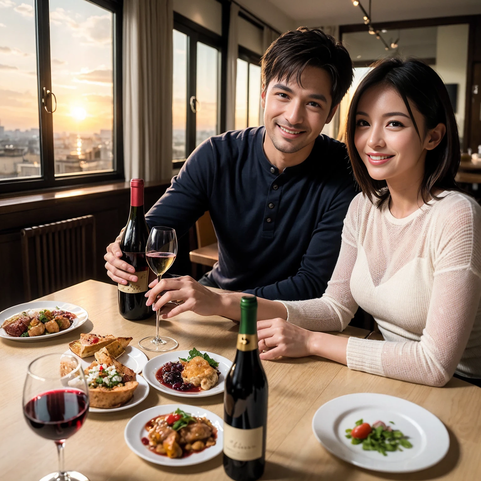 ((Highest quality、8K、masterpiece:1.3))、 (Ultra-realistic、 Genuine、Bright image、Intricate details:1.2), 最高のsmile、1 male 1 female、Beautiful couple、love love love、Lovers in Paris、Good friends、actress couple、smile、Full-course dinner at a packed table、 (Slim face), (the body is slim), (Brown Hair), (short hair), テーブルのwine glass、Please shine a light on my face、 Amazing view of the sunset sky and clouds、43 years old 39 years old, red wine 、Appetizers、Wine bottle、sparkling wine、Long sleeve shirt、dress、White wine, red wine, wine glass, 