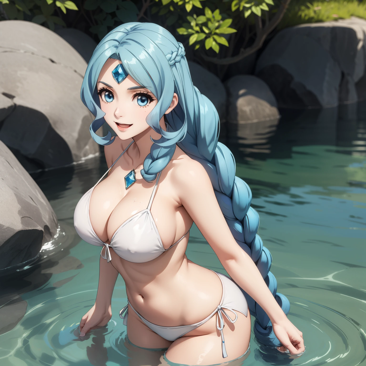 Therese Alexanderite, 25 year old woman, braided light blue hair, a jewel on his forehead, blue eyes, big breasts,  SMILE, white bikini, in a lake. gota de agua en su pecho, 